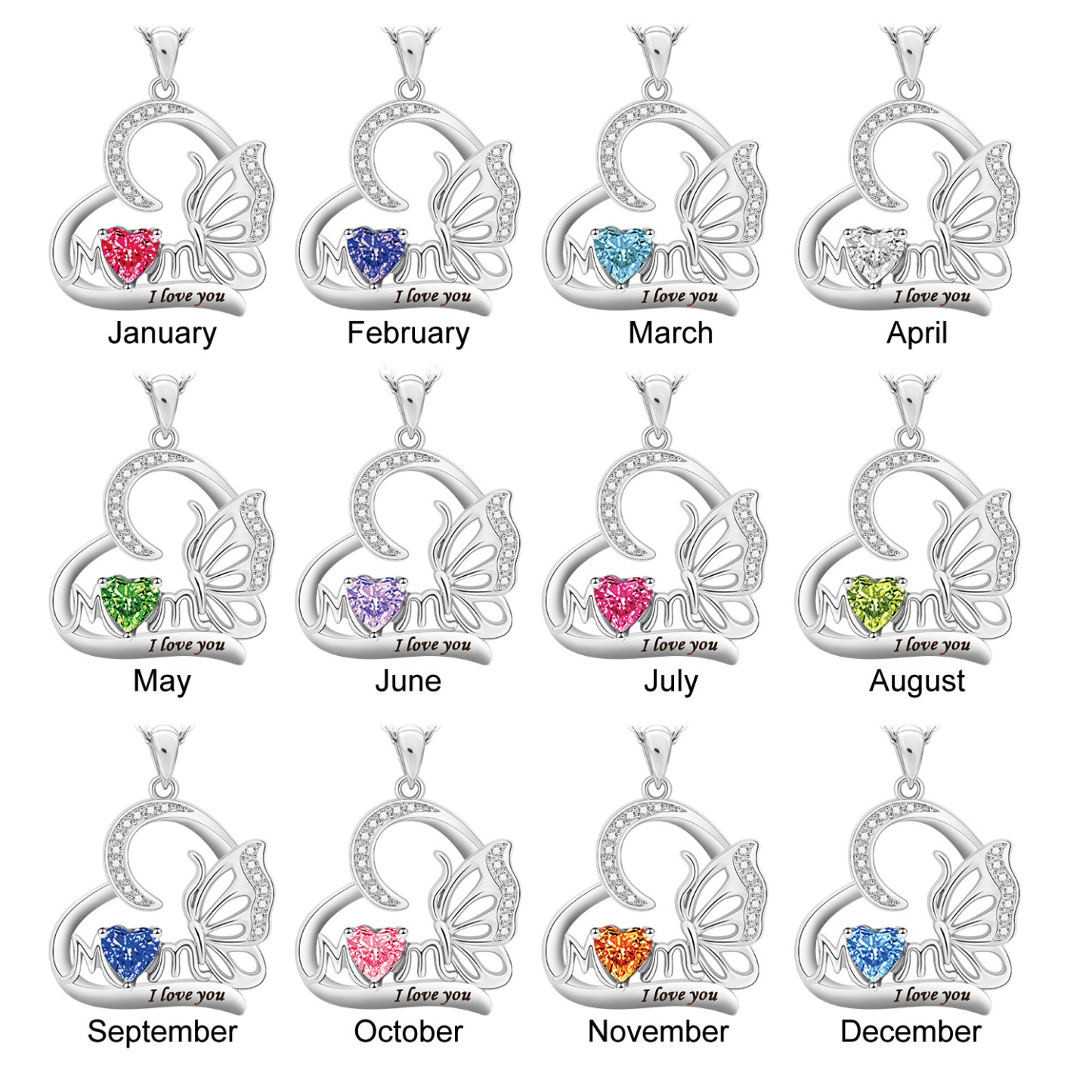 Personalized Butterfly Heart Necklace with Birthstone Charm Mother's Day Birthday for Women