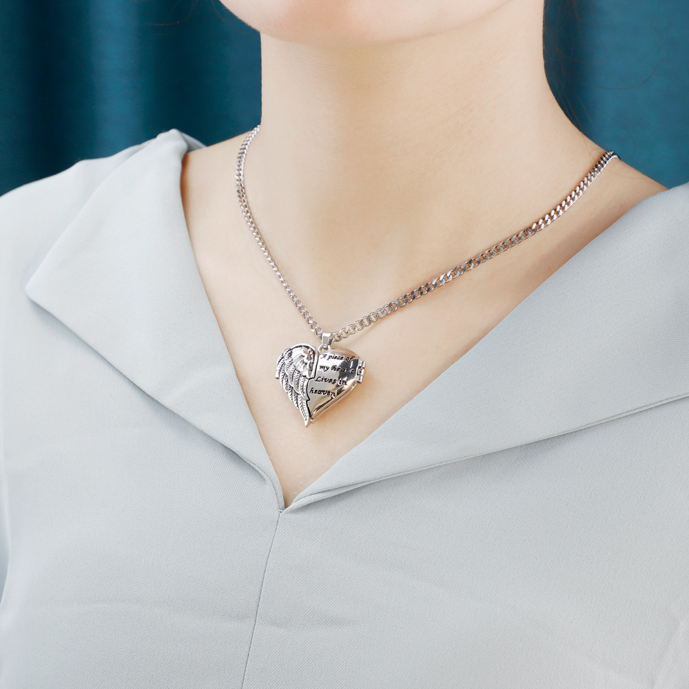 Personalized Picture Locket Angel Wings Heart Necklace
