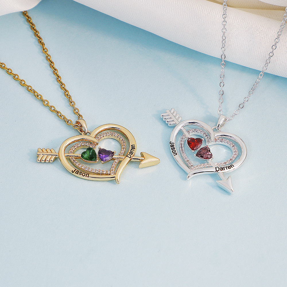 Personalized Cupid's Arrow Heart Necklace with 2 Birthstones & Names Valentine's Day Couple Gift for Women