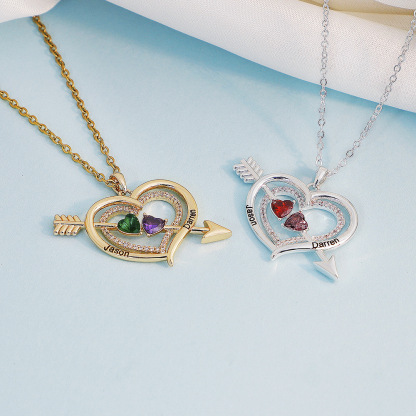 Personalized Cupid's Arrow Heart Necklace with 2 Birthstones & Names Valentine's Day Couple Gift for Women
