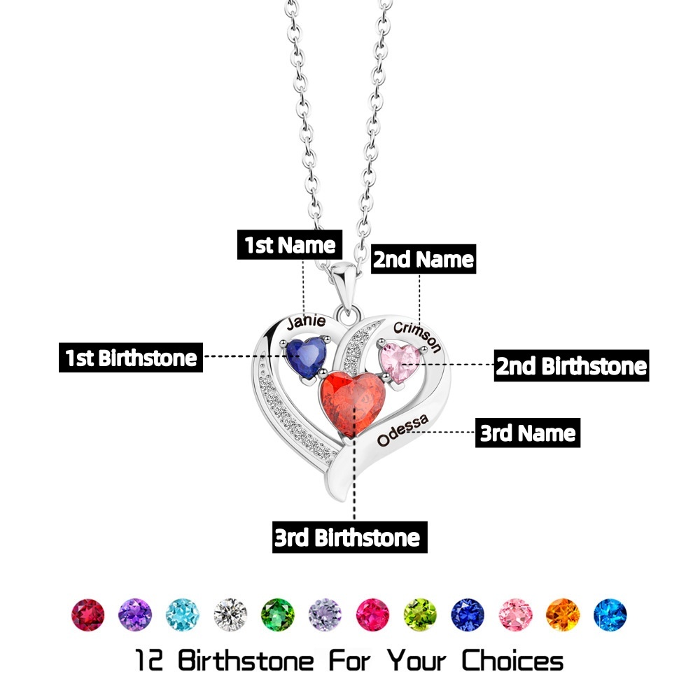 Personalized Family Heart Pendant Necklace with 3 Names and Birthstones Mother's Day Birthday Gift for Mom Grandma