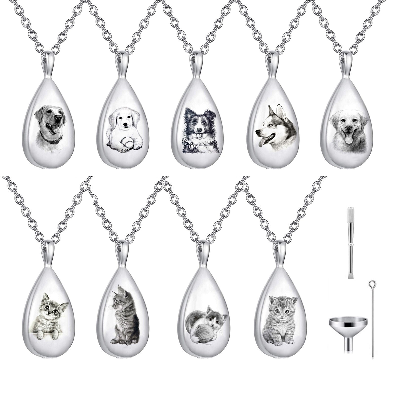 Personalized Pet Portrait Droplet Shaped Cremation Urn Necklace With Engraved Text Cremation Jewelry Memorial Keepsake Gift for Pet Lover