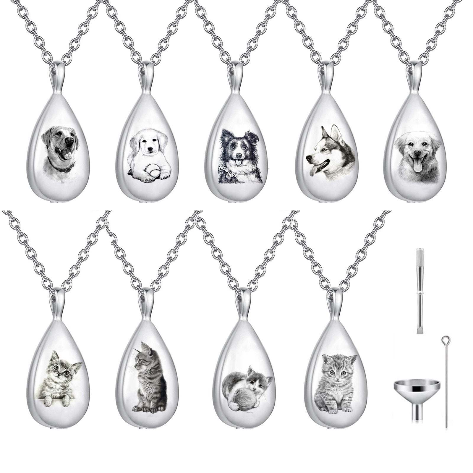 Personalized Pet Portrait Droplet Shaped Cremation Urn Necklace With Engraved Text Cremation Jewelry Memorial Keepsake Gift for Pet Lover