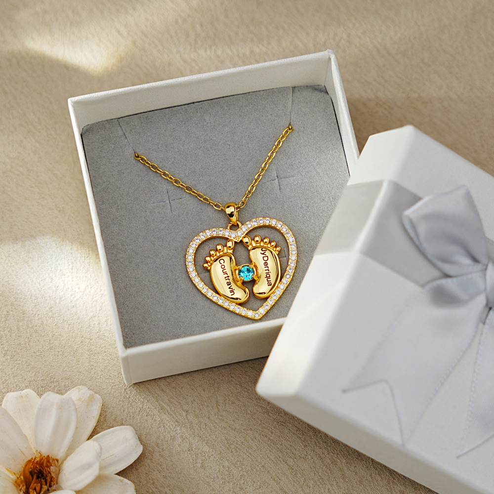 Personalized Baby Feet Heart Birthstone Necklace with Engraved Names Mother's Day Birthday Gift for New Mom