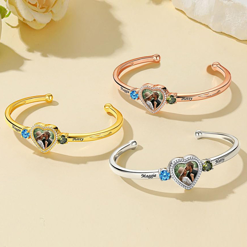 Personalized Adjustable Photo 2 Birthstones Heart Bracelet Valentine's Day Birthday Friendship Gift Mother's Day for Couple Best Friend Mom