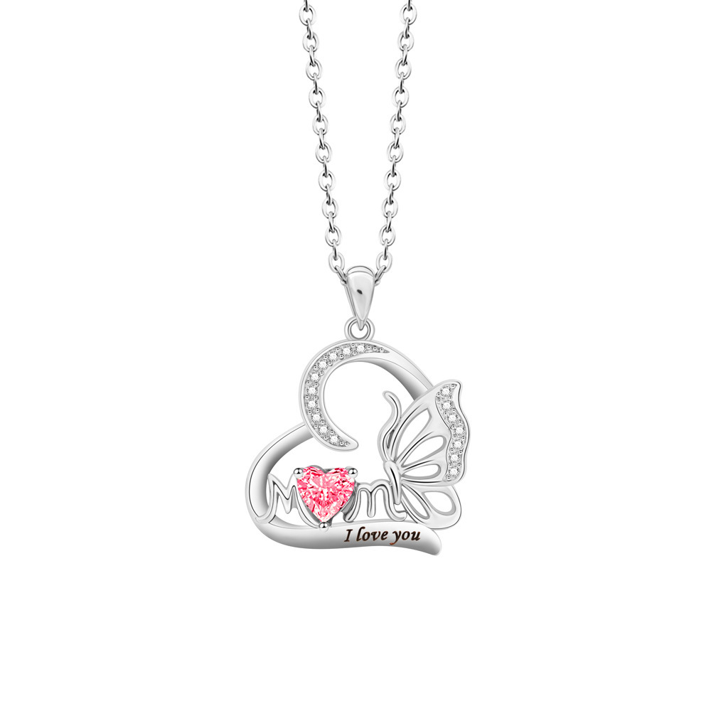Personalized Butterfly Heart Necklace with Birthstone Charm Mother's Day Birthday for Women