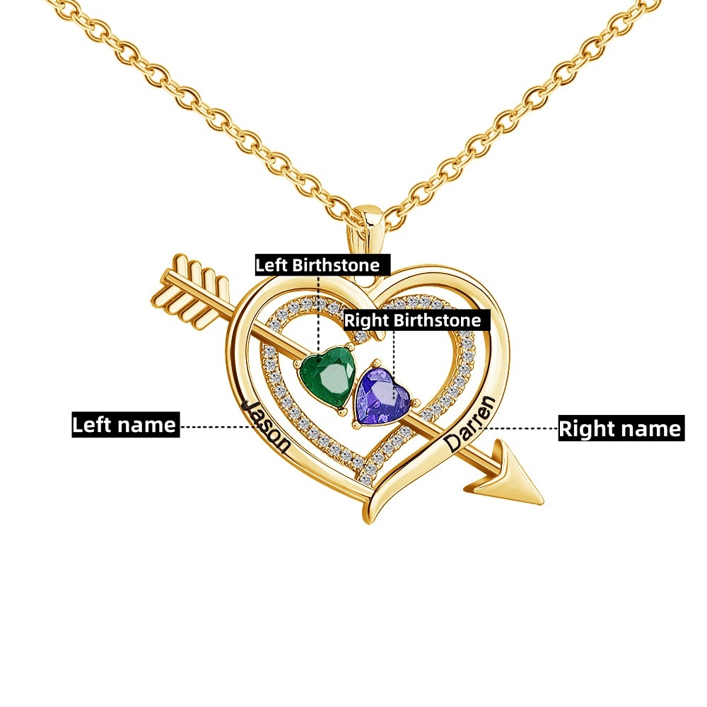 Personalized Cupid's Arrow Heart Necklace with 2 Birthstones & Names Valentine's Day Couple Gift for Women