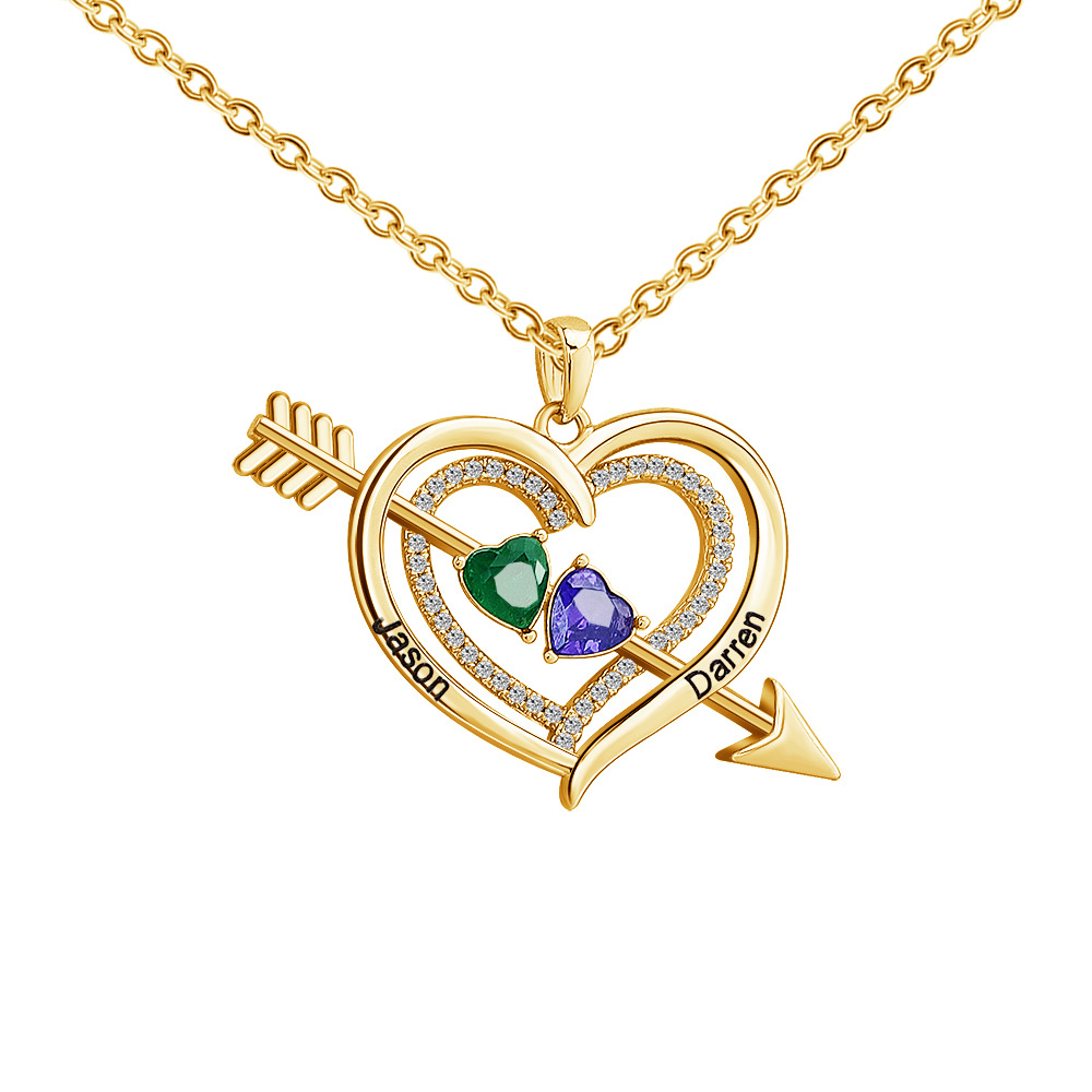 Personalized Cupid's Arrow Heart Necklace with 2 Birthstones & Names Valentine's Day Couple Gift for Women