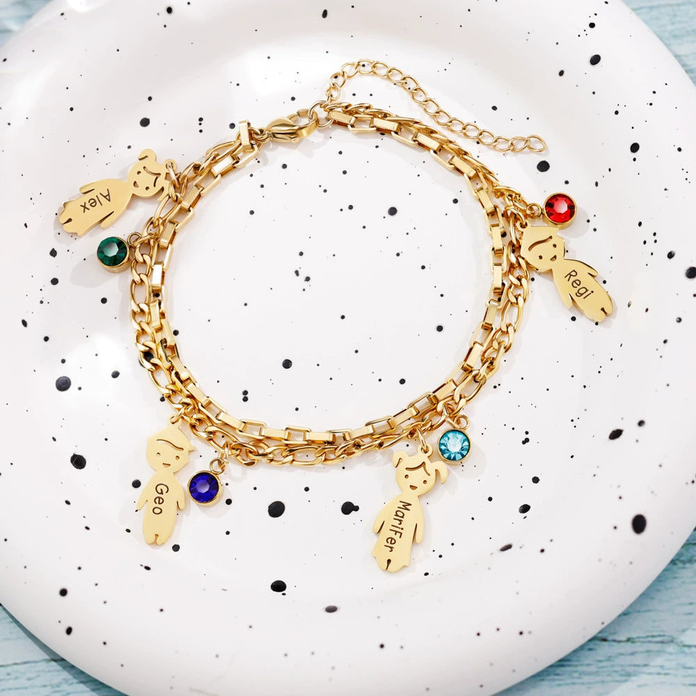 Personalized 1-6 Birthstones and Names Double Layer Family Bracelet Mother's Day Anniversary Birthday Gift for Mom Grandma
