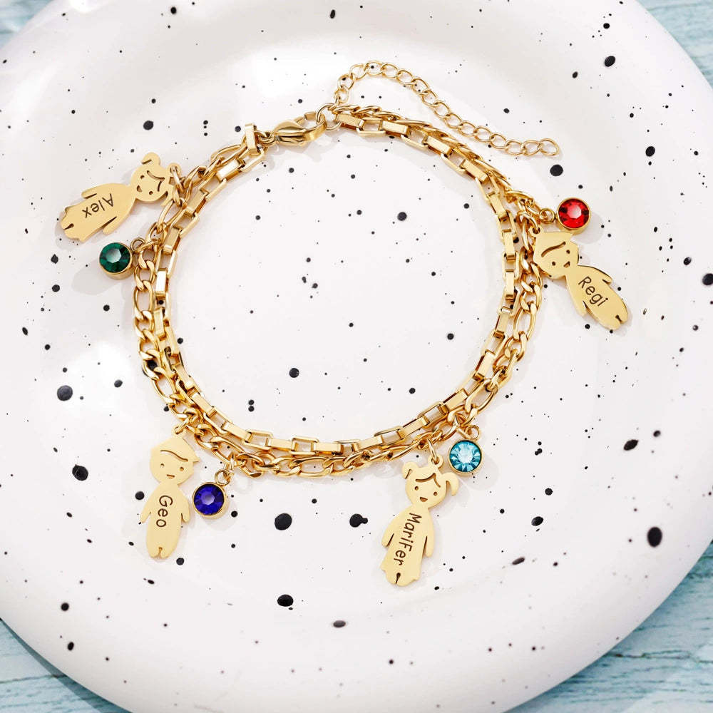Personalized 1-6 Birthstones and Names Double Layer Family Bracelet Mother's Day Anniversary Birthday Gift for Mom Grandma