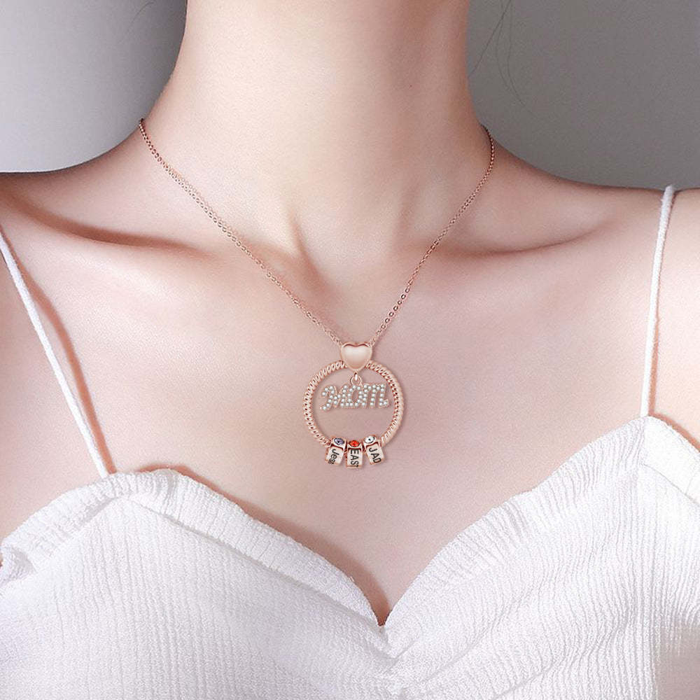 Personalized Family Heart-shaped Circular Pendant Necklace With Engraved Name And Birthday Stone Mother's Day Birthday Gift For Mom And Grandma