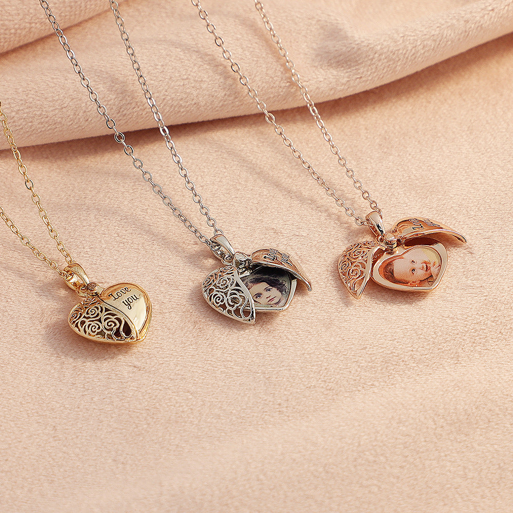 Personalized Dainty Hollow "love you" Heart Locket Photo Necklace Valentine's Day Mother's Day Memorial Anniversary Gift For Women