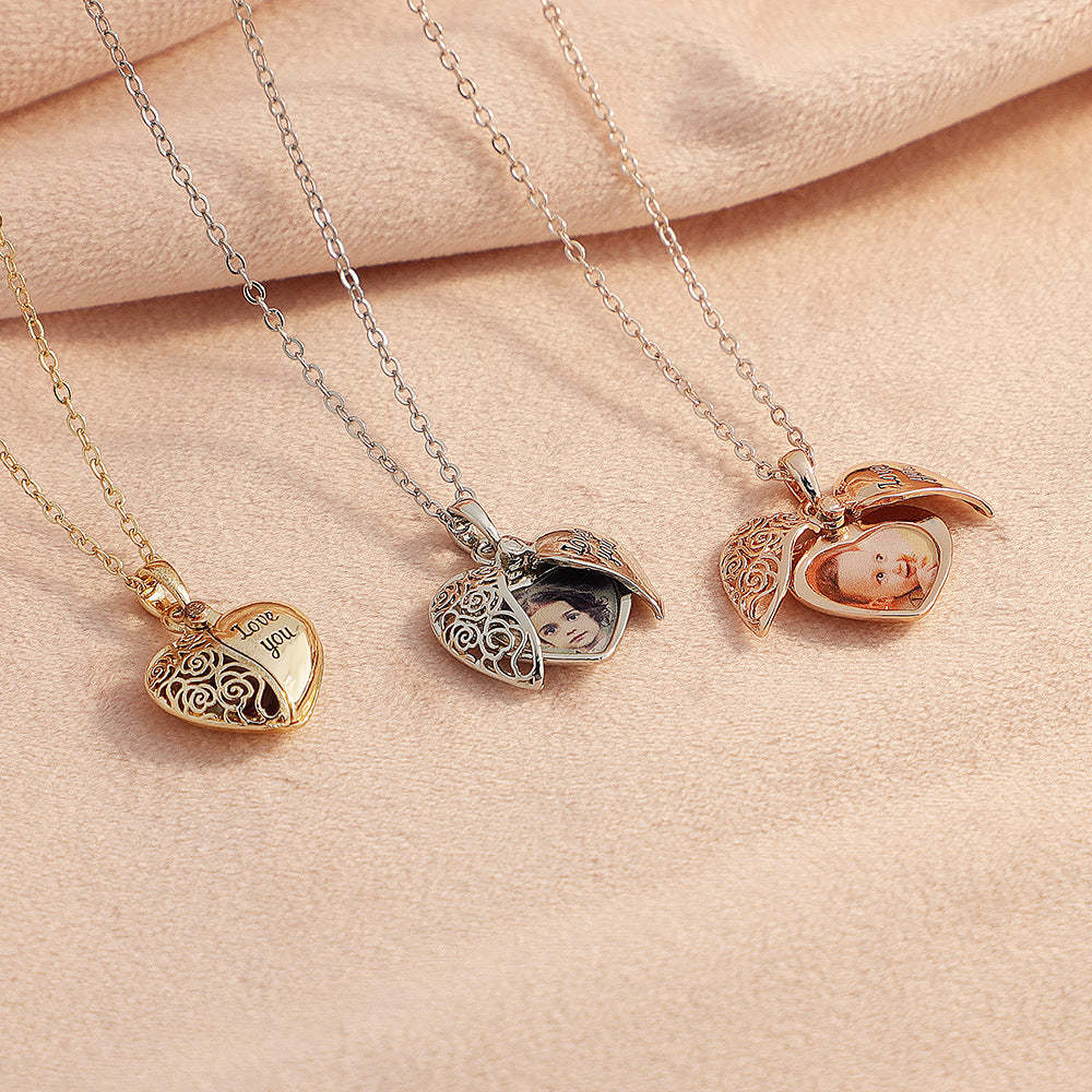 Personalized Dainty Hollow "love you" Heart Locket Photo Necklace Valentine's Day Mother's Day Memorial Anniversary Gift For Women
