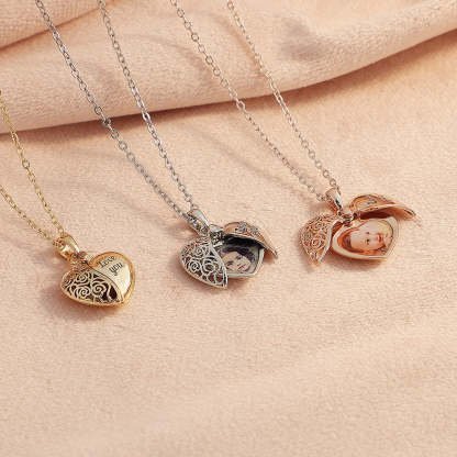 Personalized Dainty Hollow "love you" Heart Locket Photo Necklace Valentine's Day Mother's Day Memorial Anniversary Gift For Women