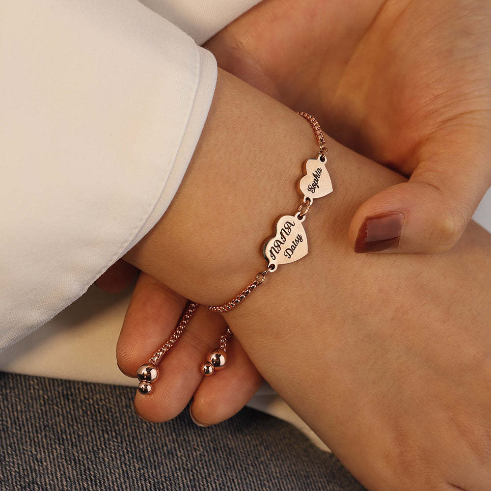 Personalized 2-4 Hearts Engraved Names Adjustable Bracelet Valentine's Day Anniversary Birthday Gift for Her