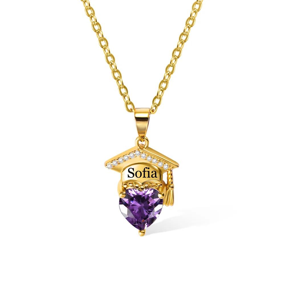 Personalized Dainty Graduation Cap Birthstone Necklace with Engraved N