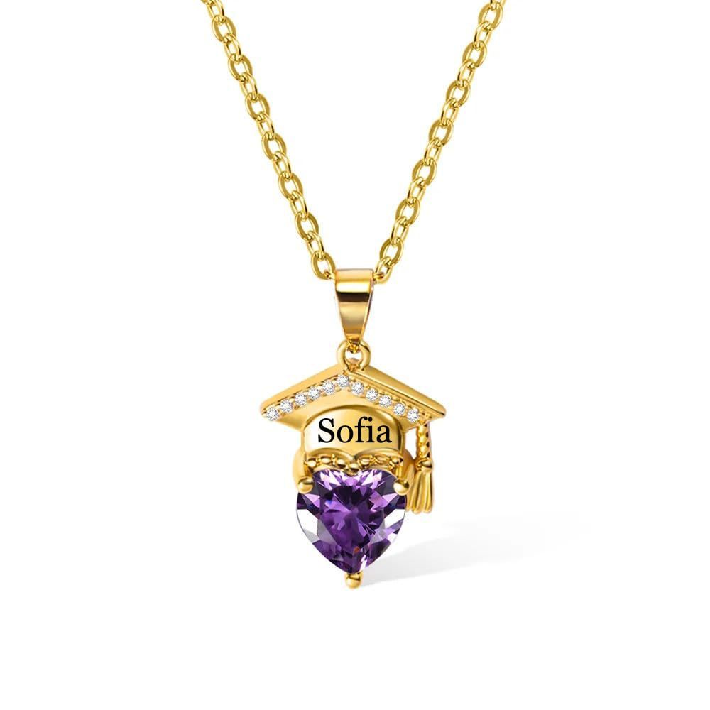Personalized Dainty Graduation Cap Birthstone Necklace with Engraved N