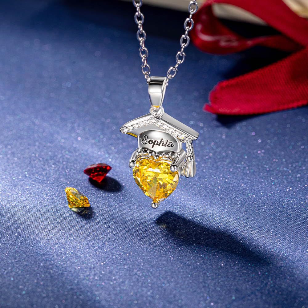 Personalized Dainty Graduation Cap Birthstone Necklace with Engraved Name Graduation Birthday Gift for Graduates