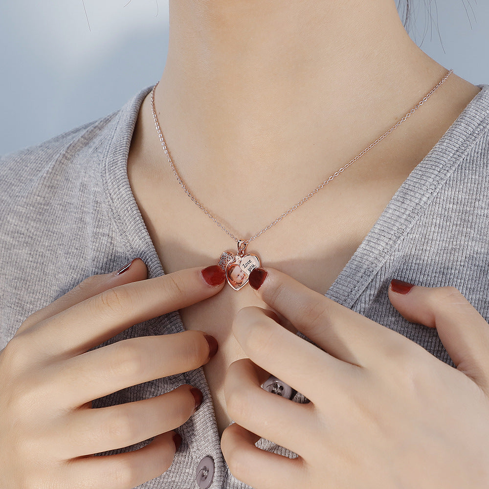 Personalized Dainty Hollow "love you" Heart Locket Photo Necklace Valentine's Day Mother's Day Memorial Anniversary Gift For Women