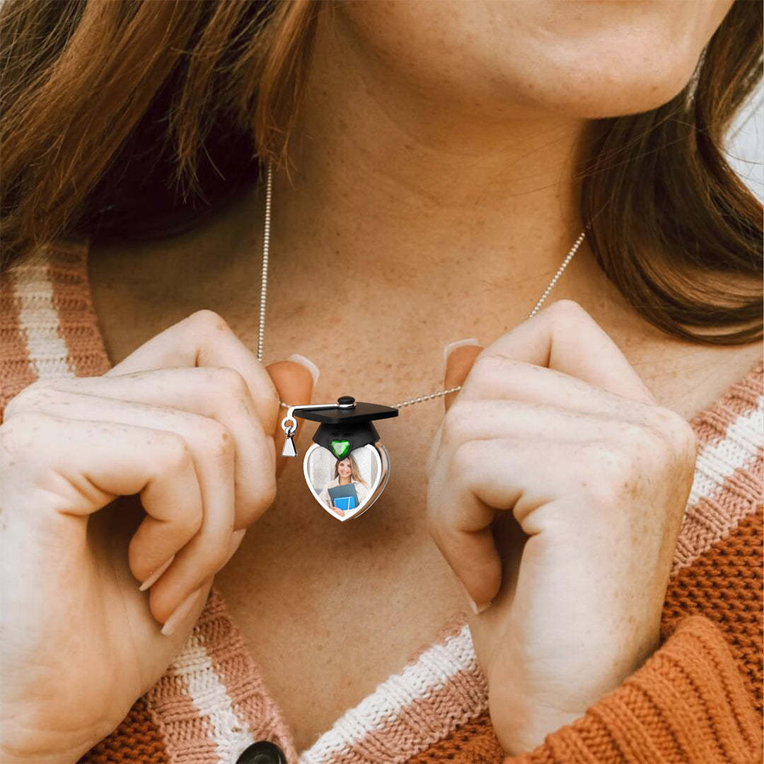 Personalized Dainty Grad Cap Zircon Heart Birthstone Necklace with Engraved Text Graduate Jewelry Birthday Graduation Gift for Women