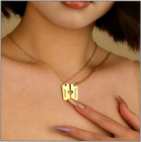Personalized Pair Of Heart-shaped Square Pendant Necklaces With Names For Valentine's Day Gifts
