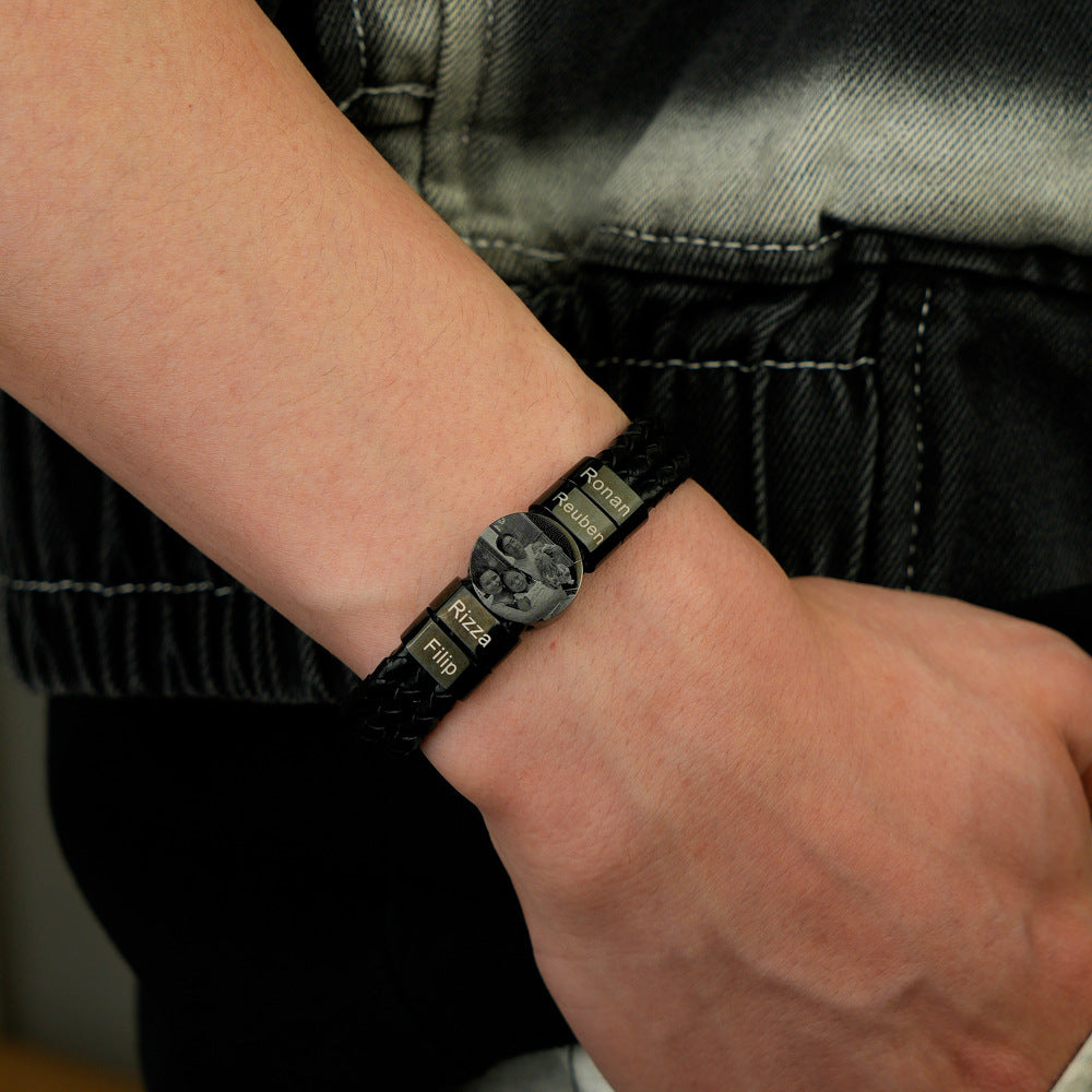 Personalized 2-6 Beads Braided Leather Men's Bracelet with Name Photo Father's Day Birthday Gift for Him