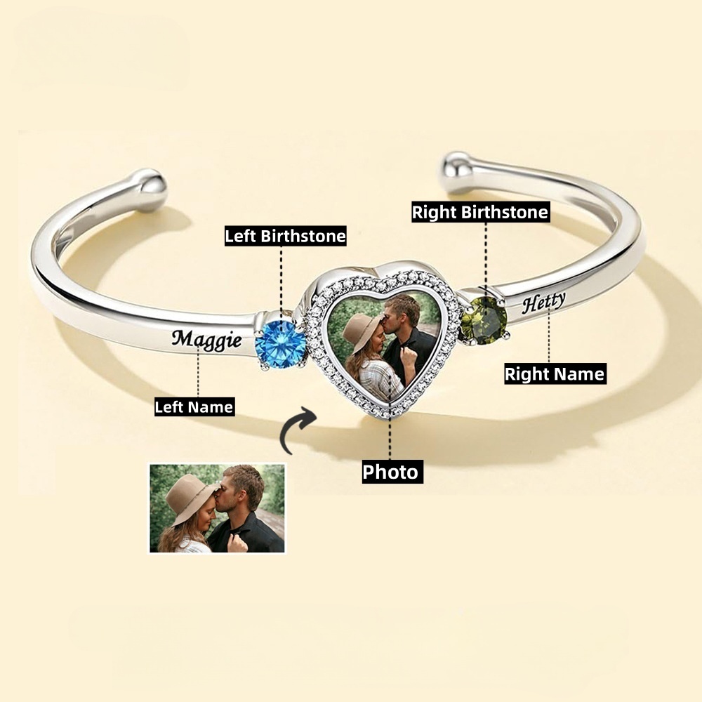 Personalized Adjustable Photo 2 Birthstones Heart Bracelet Valentine's Day Birthday Friendship Gift Mother's Day for Couple Best Friend Mom