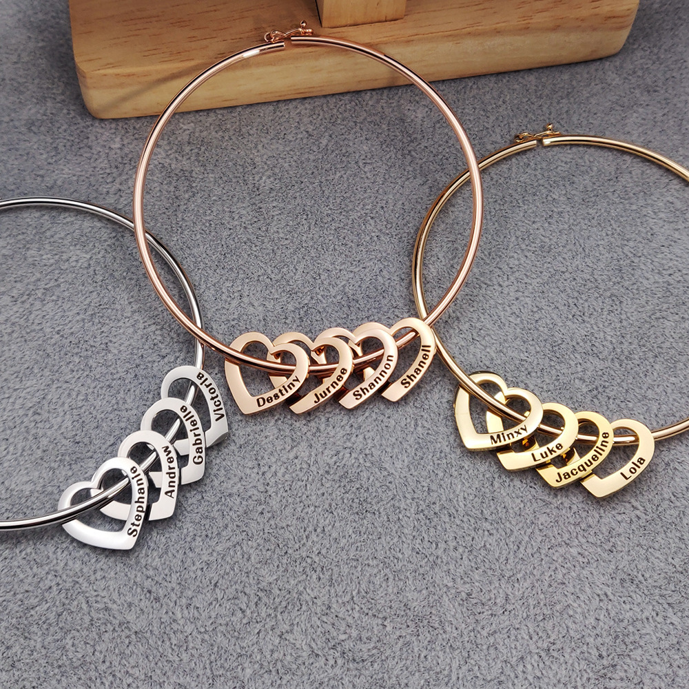 Women Bangle Bracelet With Heart Shape Name Pendants