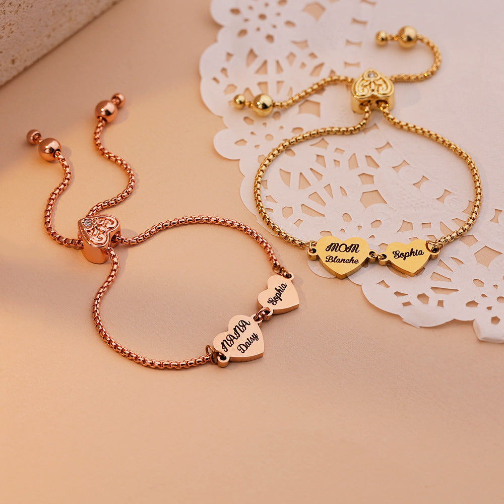 Personalized 2-4 Hearts Engraved Names Adjustable Bracelet Valentine's Day Anniversary Birthday Gift for Her