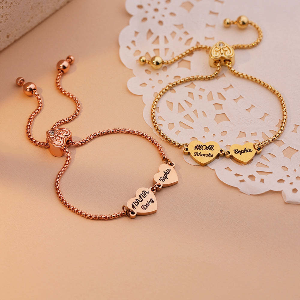 Personalized 2-4 Hearts Engraved Names Adjustable Bracelet Valentine's Day Anniversary Birthday Gift for Her