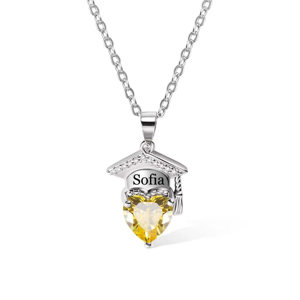 Personalized Dainty Graduation Cap Birthstone Necklace with Engraved Name Graduation Birthday Gift for Graduates
