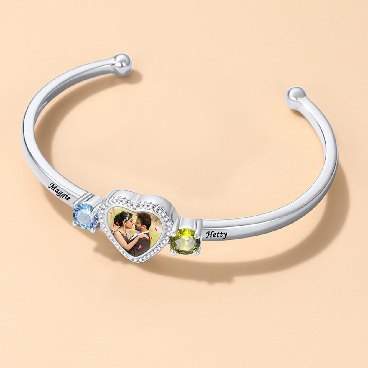 Personalized Adjustable Photo 2 Birthstones Heart Bracelet Valentine's Day Birthday Friendship Gift Mother's Day for Couple Best Friend Mom