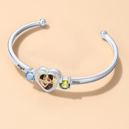 Personalized Adjustable Photo 2 Birthstones Heart Bracelet Valentine's Day Birthday Friendship Gift Mother's Day for Couple Best Friend Mom