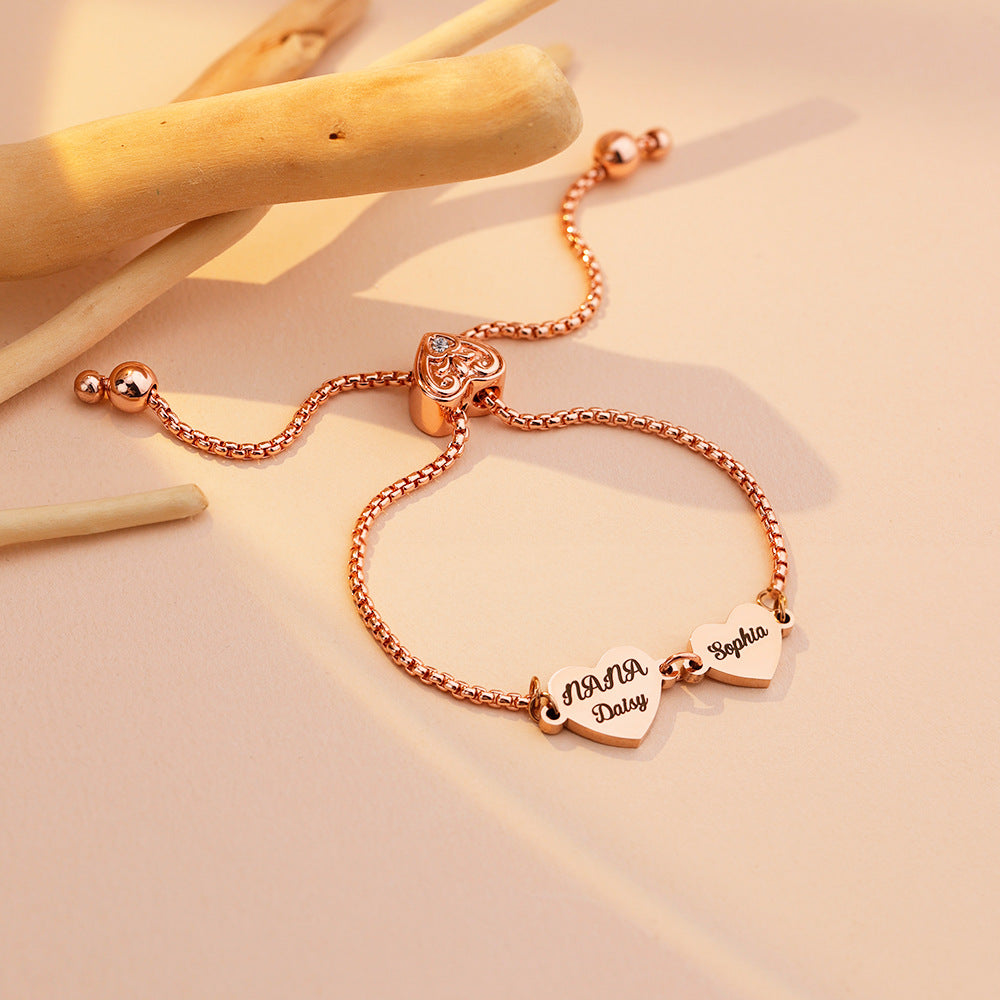 Personalized 2-4 Hearts Engraved Names Adjustable Bracelet Valentine's Day Anniversary Birthday Gift for Her