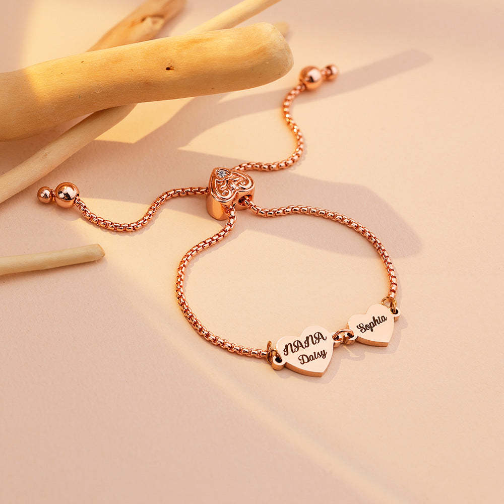 Personalized 2-4 Hearts Engraved Names Adjustable Bracelet Valentine's Day Anniversary Birthday Gift for Her