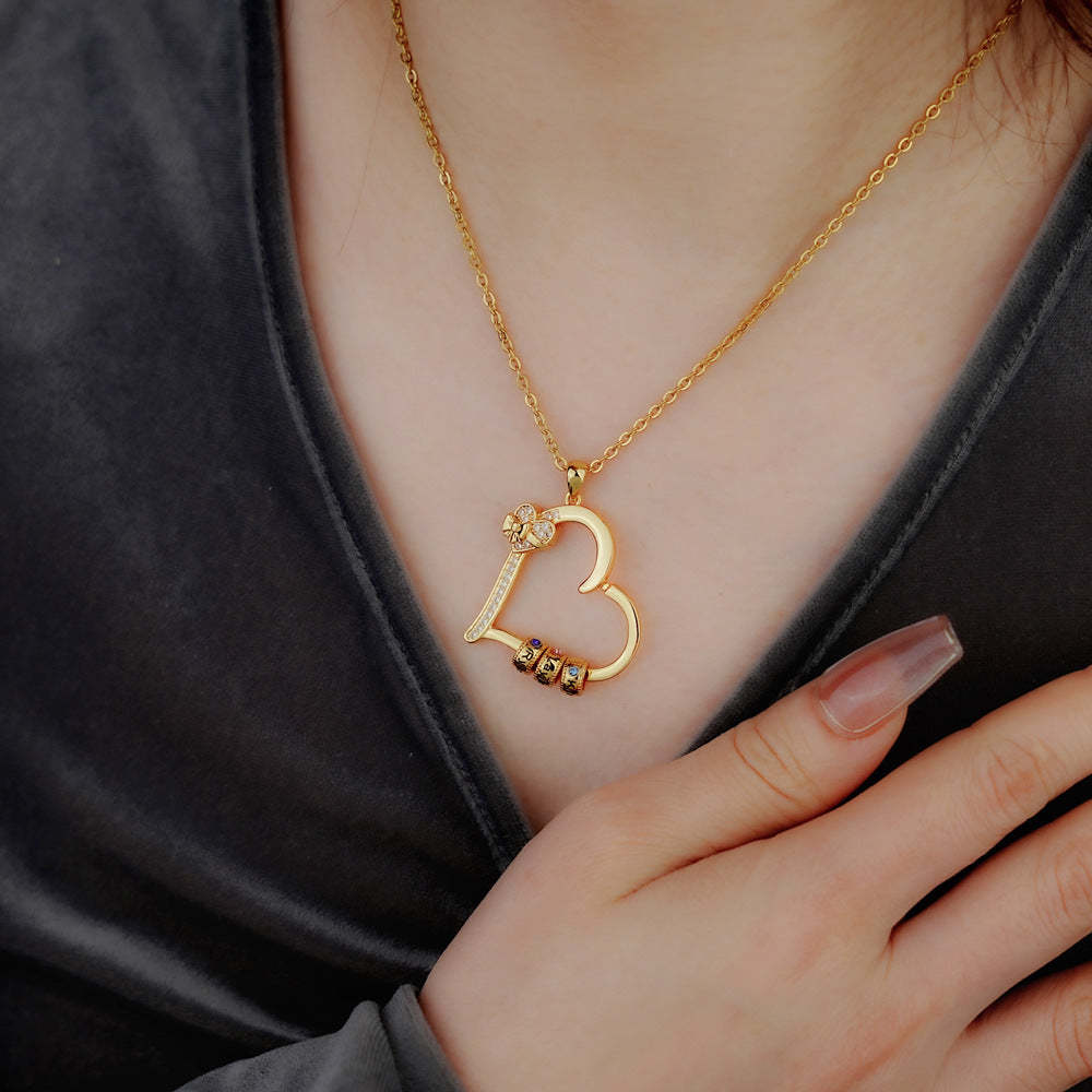 Personalized Family Heart Pendant Necklace with 1-6 Engraved Names and Birthstones Beads Mother's Day Birthday Gift for Mom Grandma
