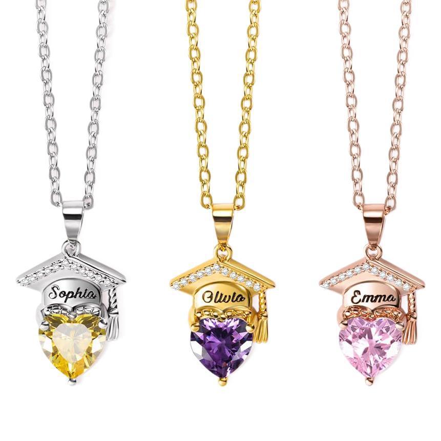 Personalized Dainty Graduation Cap Birthstone Necklace with Engraved Name Graduation Birthday Gift for Graduates