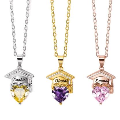 Personalized Dainty Graduation Cap Birthstone Necklace with Engraved Name Graduation Birthday Gift for Graduates