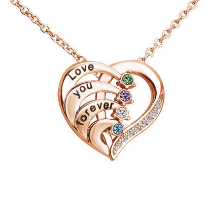 Personalized Family Heart Pendant Sterling Silver Necklace with 2-4 Engraved Names and Birthstones Mother's Day Birthday Gift for Mom Grandma