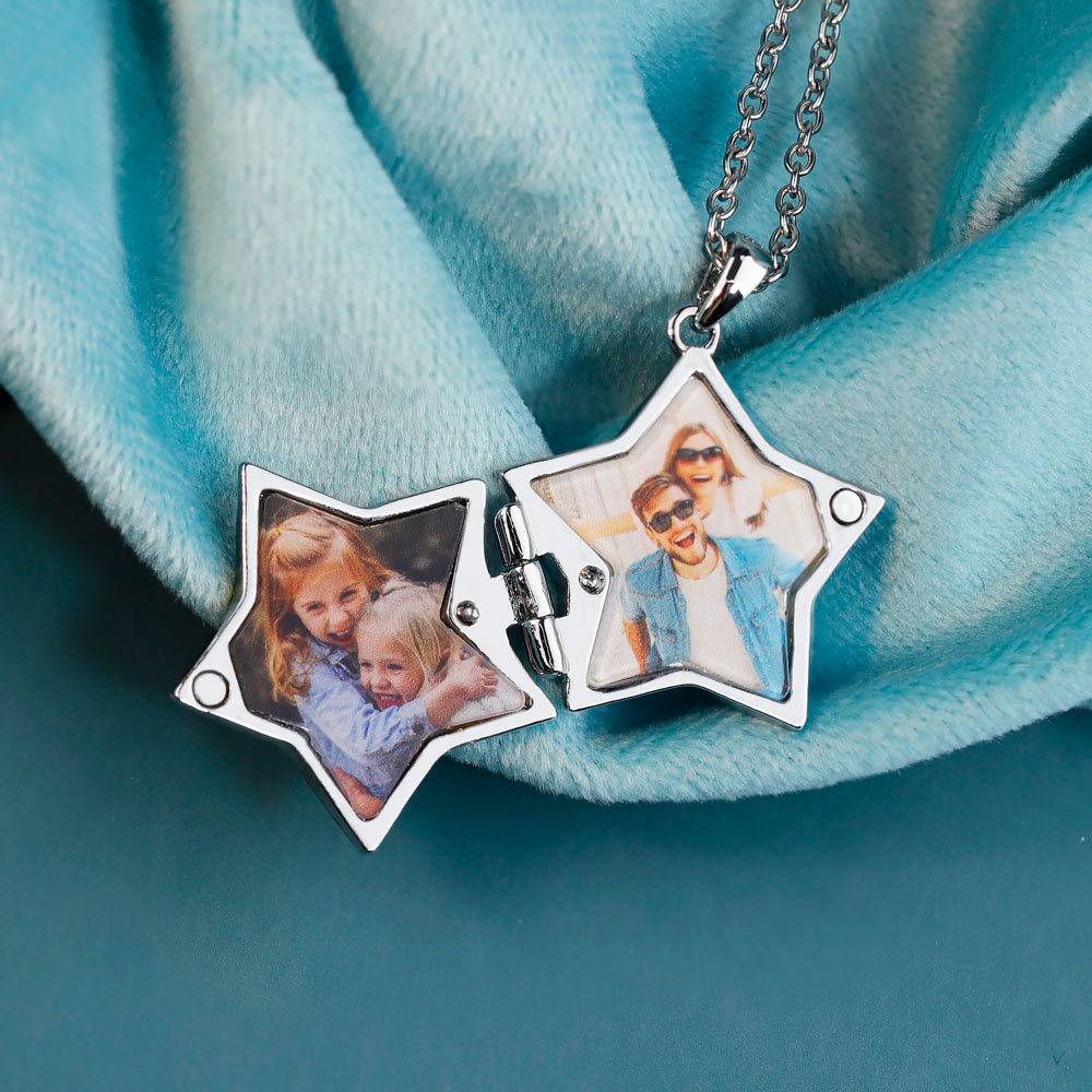 Personalized 2 Photos Square Five Stars Locket Necklace with Engraved Text Mother's Day Birthday Jewelry Gift for Women