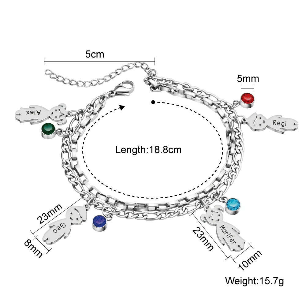 Personalized 1-6 Birthstones and Names Double Layer Family Bracelet Mo