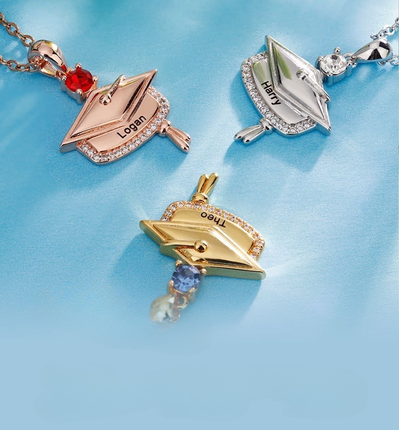 Personalized Dainty Graduation Cap Birthstone Necklace with Engraved Name Birthday Gift for Graduates
