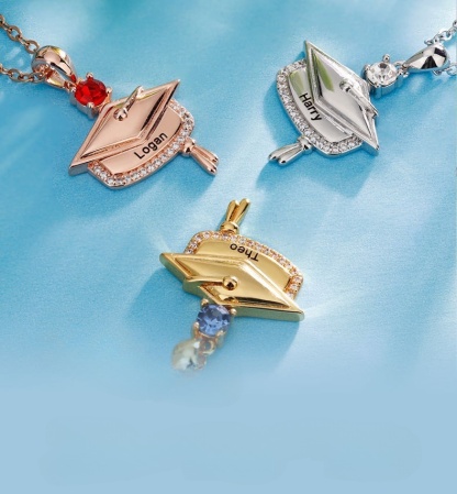 Personalized Dainty Graduation Cap Birthstone Necklace with Engraved Name Birthday Gift for Graduates