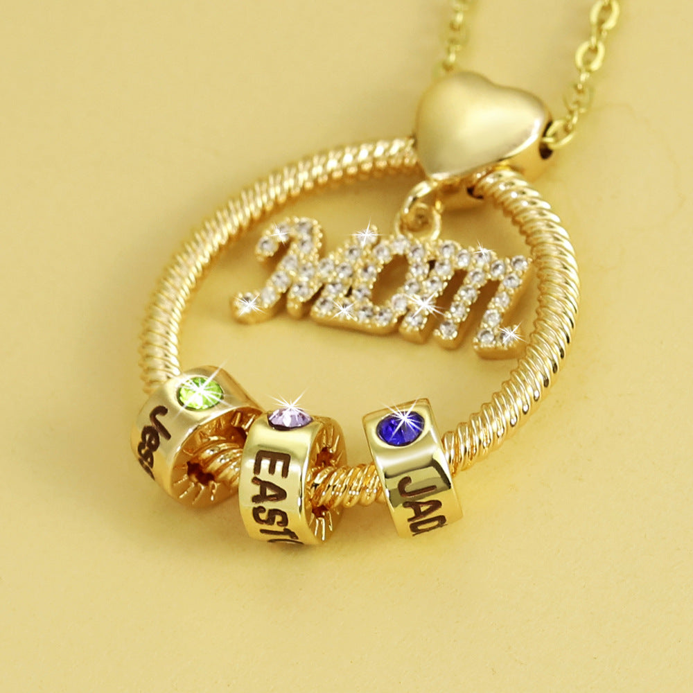 Personalized Family Heart-shaped Circular Pendant Necklace With Engraved Name And Birthday Stone Mother's Day Birthday Gift For Mom And Grandma