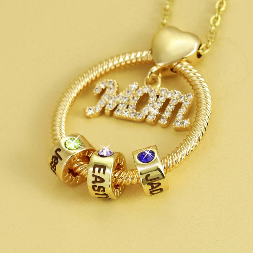 Personalized Family Heart-shaped Circular Pendant Necklace With Engraved Name And Birthday Stone Mother's Day Birthday Gift For Mom And Grandma
