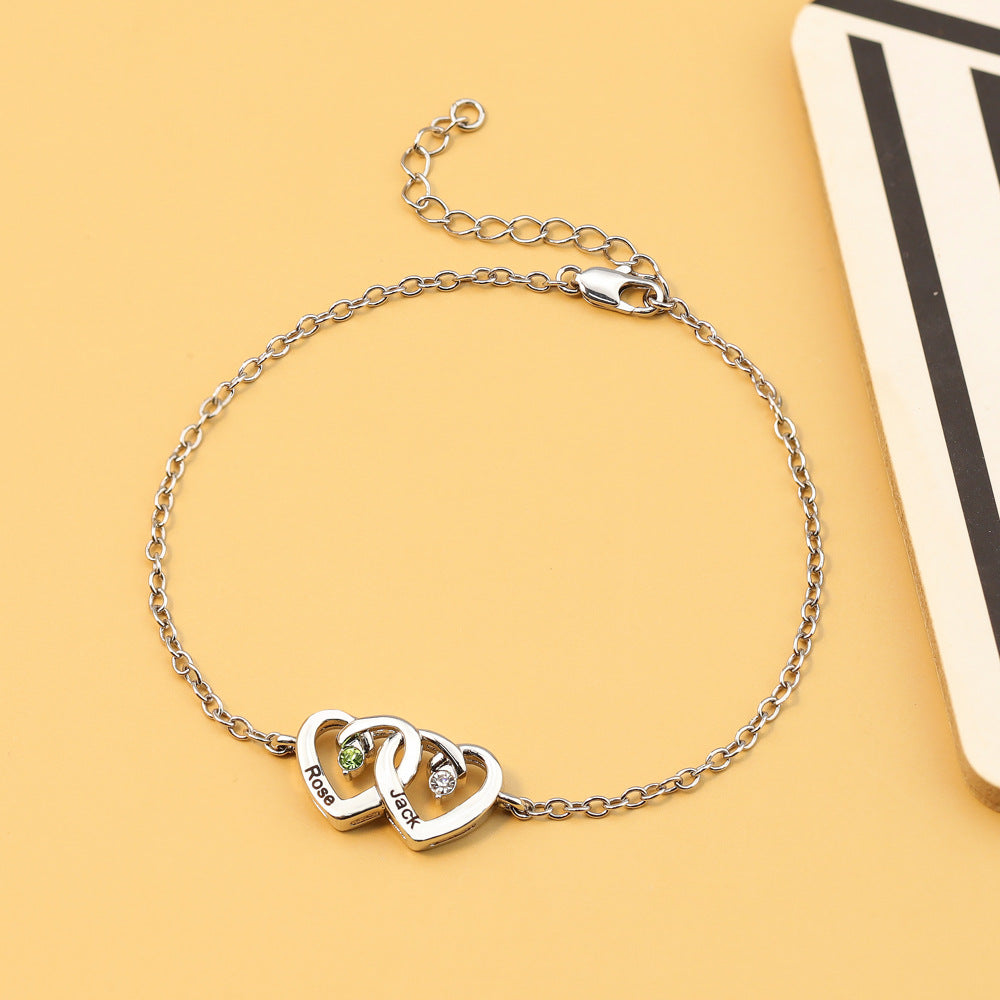 Personalized Interlocking Double Heart Bracelet with Birthstones and Engraved Names Valentine's Day Anniversary Gift for Women