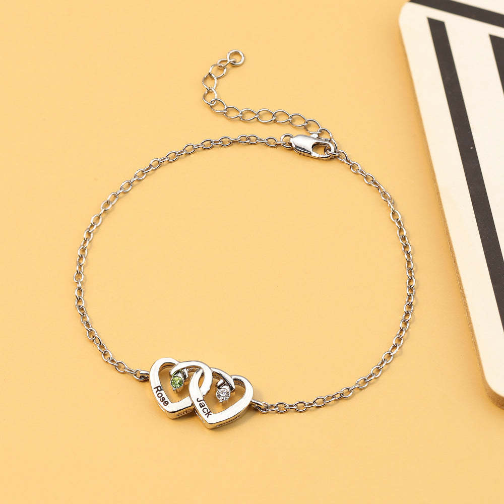 Personalized Interlocking Double Heart Bracelet with Birthstones and Engraved Names Valentine's Day Anniversary Gift for Women