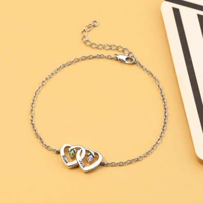 Personalized Interlocking Double Heart Bracelet with Birthstones and Engraved Names Valentine's Day Anniversary Gift for Women