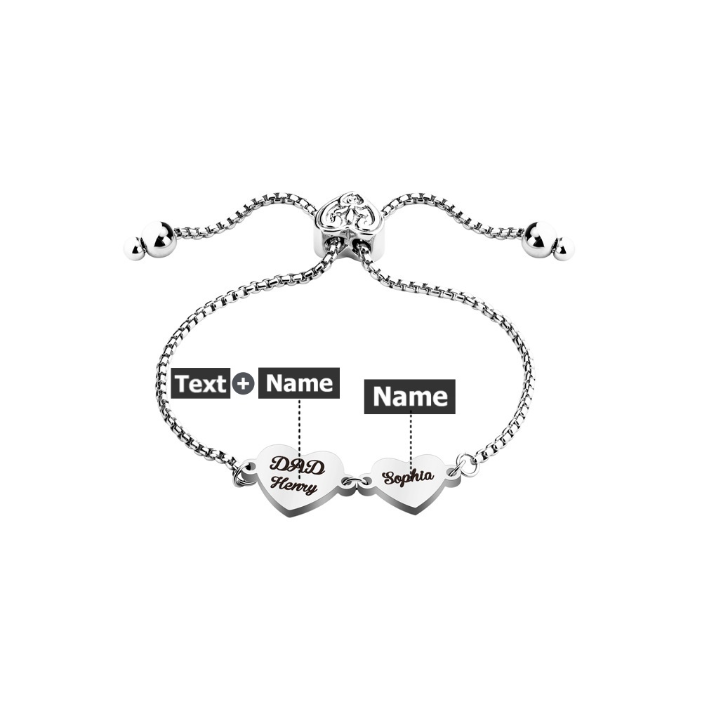 Personalized 2-4 Hearts Engraved Names Adjustable Bracelet Valentine's Day Anniversary Birthday Gift for Her