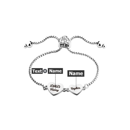 Personalized 2-4 Hearts Engraved Names Adjustable Bracelet Valentine's Day Anniversary Birthday Gift for Her